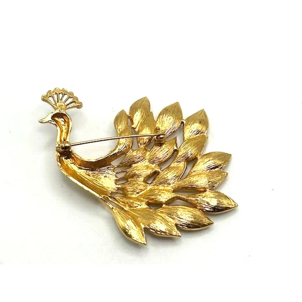 Vintage Strutting‎ Goldtone Peacock With Navette Rhinestone Plumage Brooch Pin